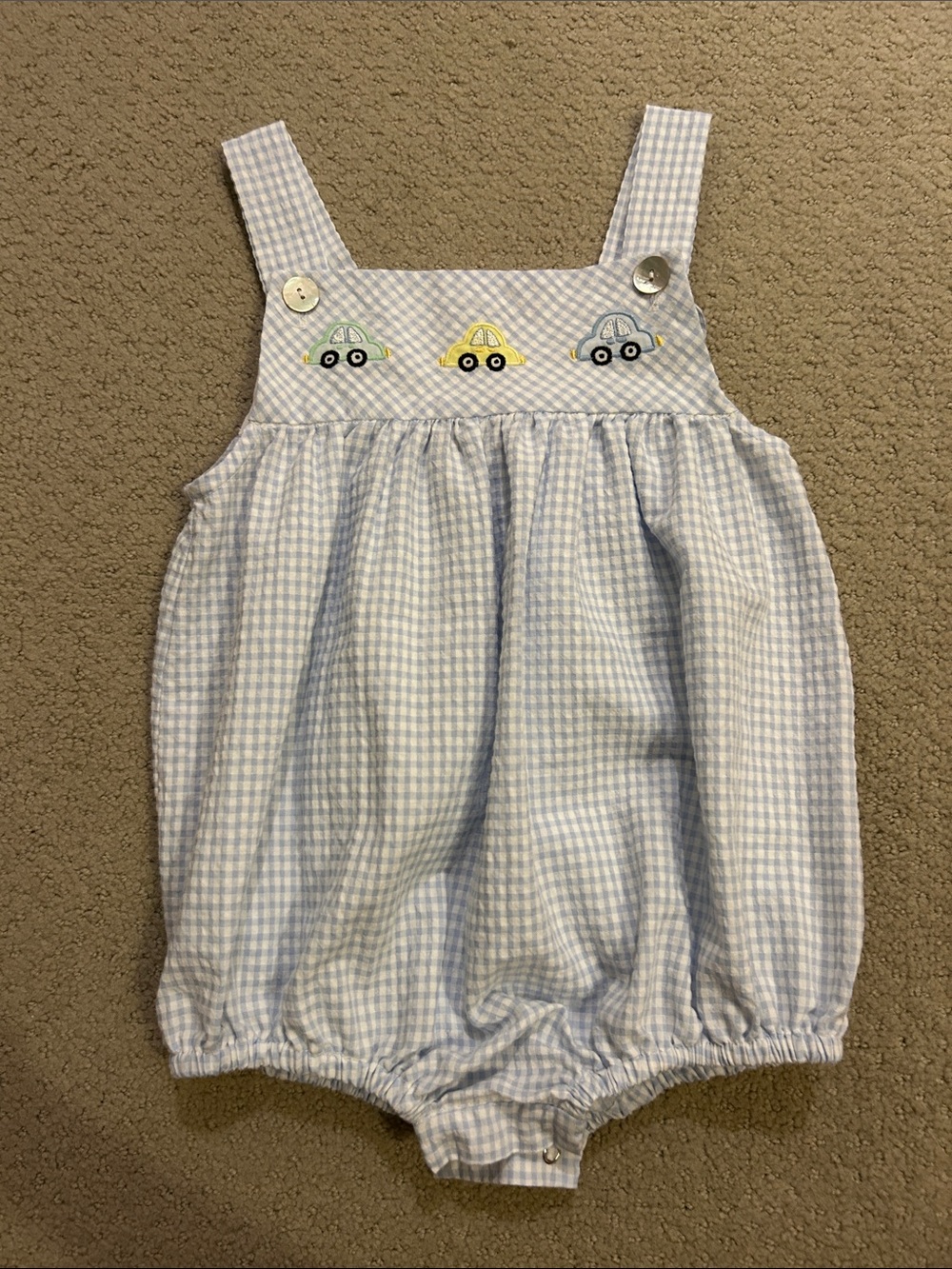 Blue Gingham Bubble with Car Embroidery